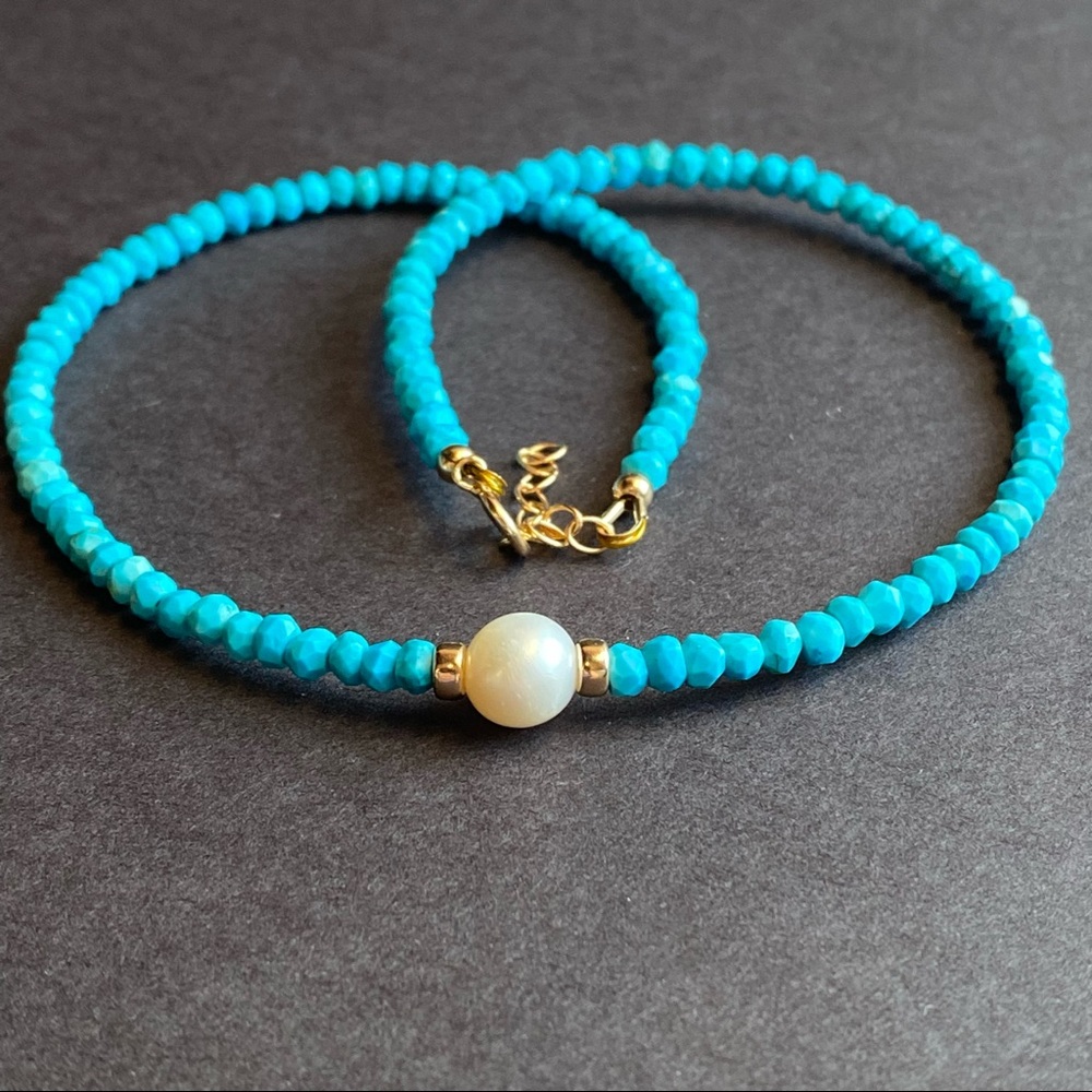 Natural Pearl & Turquoise Gemstone Choker Necklace in Gold Filled